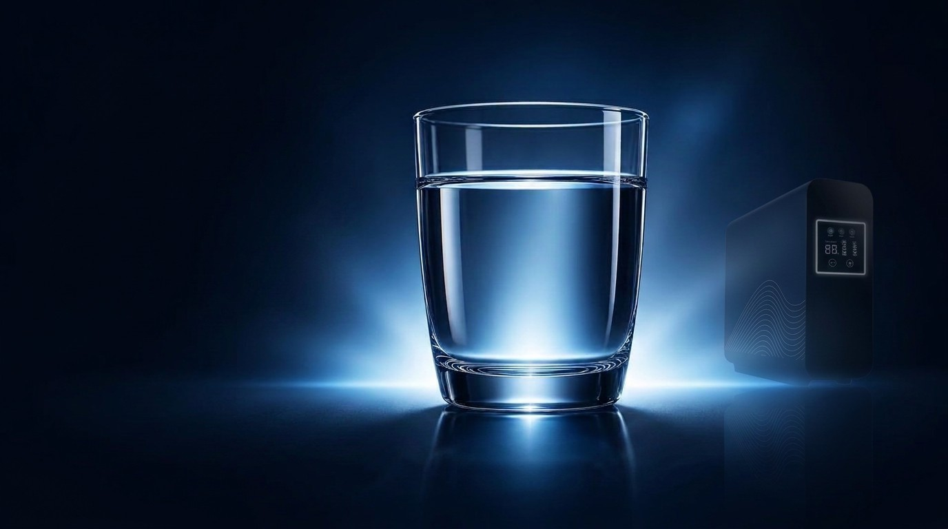 Pahar cu apă wellness lângă dispozitivul Home Spring