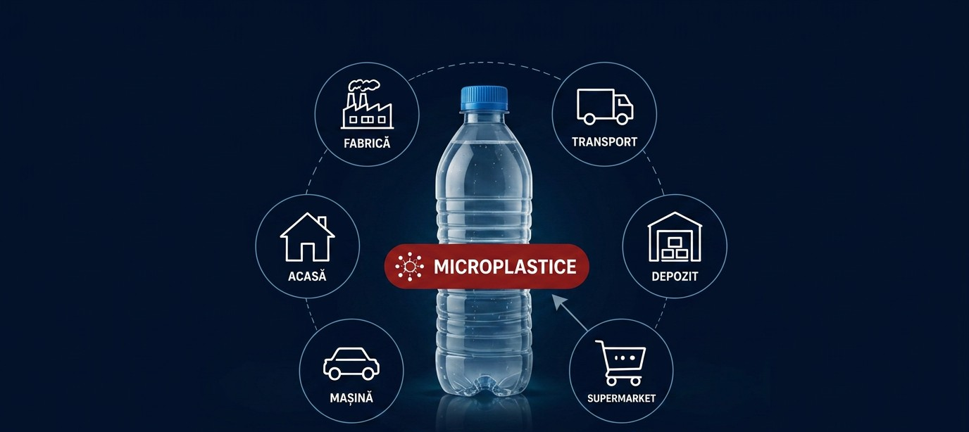 Apa îmbuteliată: fabrică, transport, depozit, supermarket, mașină, acasă