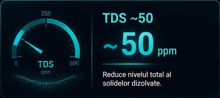TDS aproximativ 50 ppm — reduce nivelul total al solidelor dizolvate